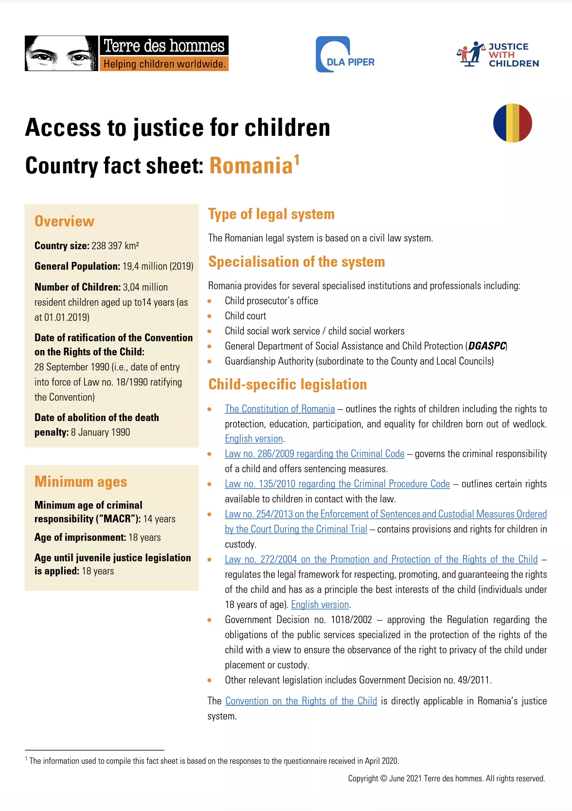 Access to Justice for Children Country Factsheet: Romania